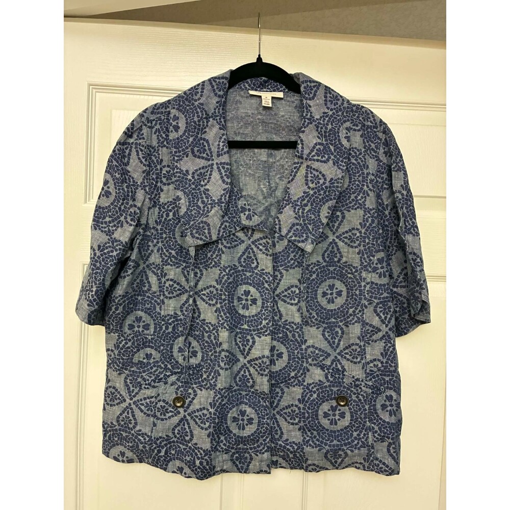 JM Collection Linen Blazer Jacket 16 Blue Tile Print Short Sleeve